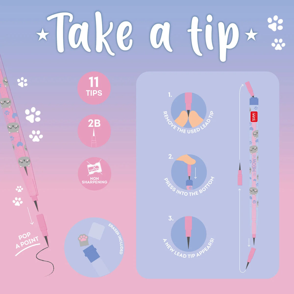 Lápis Empilhável LEGAMI Take a Tip - Kitty