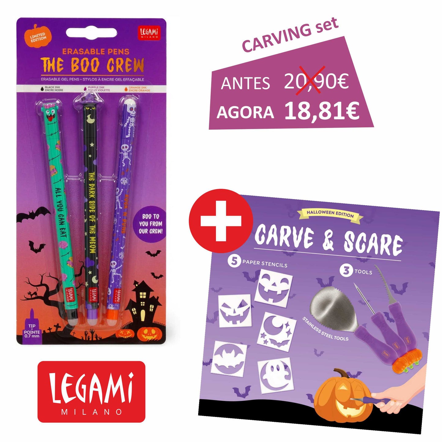 LEGAMI Halloween 2025 - Promoção Carve & Scare Set + Canetas de Gel Apagáveis Legami Halloween "The Boo Crew"