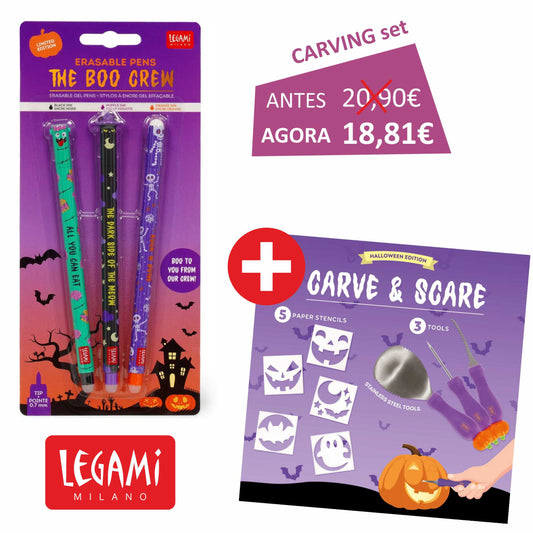 LEGAMI Halloween 2025 - Promoção Carve & Scare Set + Canetas de Gel Apagáveis Legami Halloween "The Boo Crew"