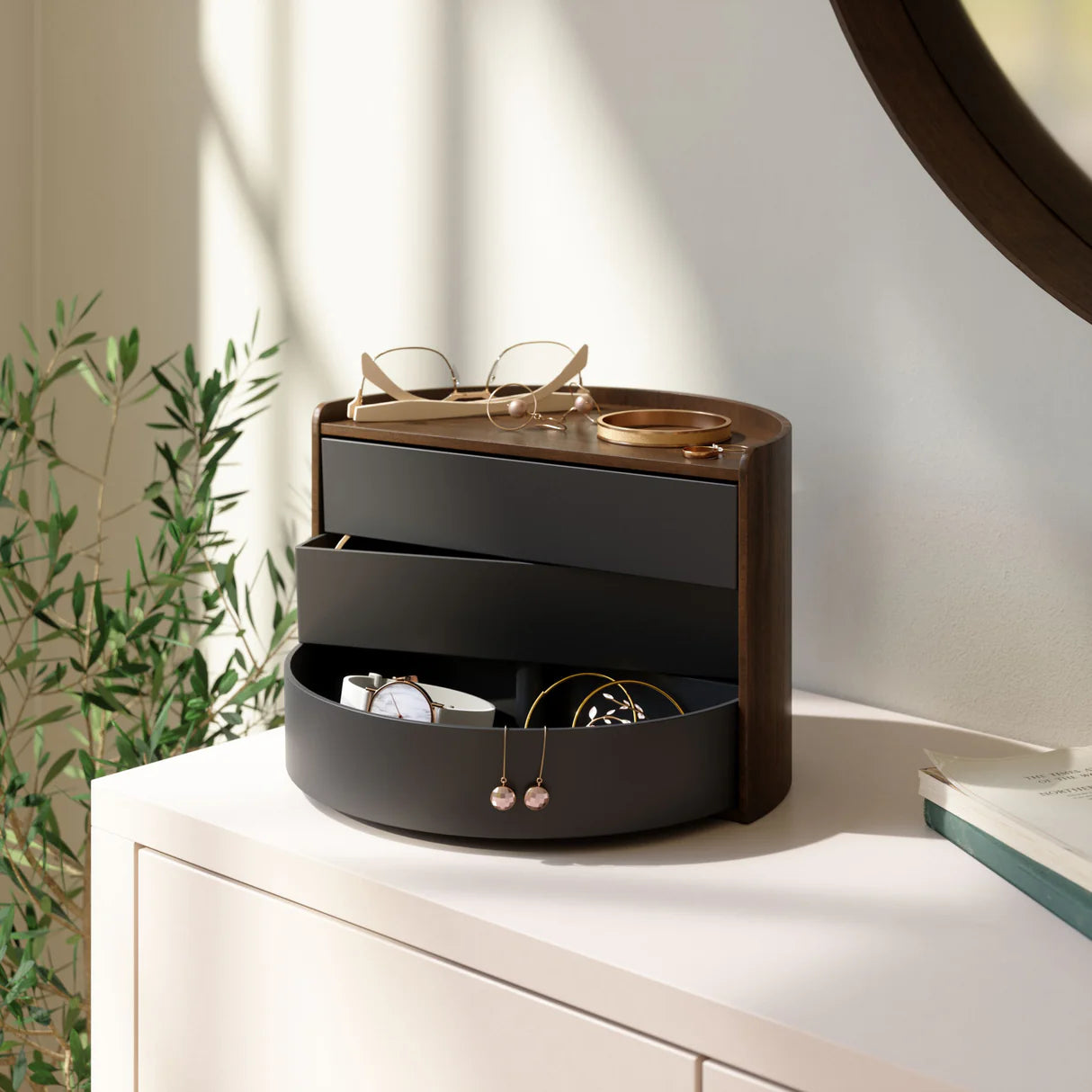 Porta-jóias UMBRA Moona Storage Box - Black/Walnut