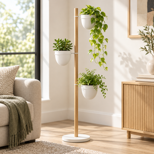 Suporte para plantas UMBRA Floristand com estrutura vertical em madeira natural, três vasos brancos ajustáveis e base redonda, ideal para plantas de interior.